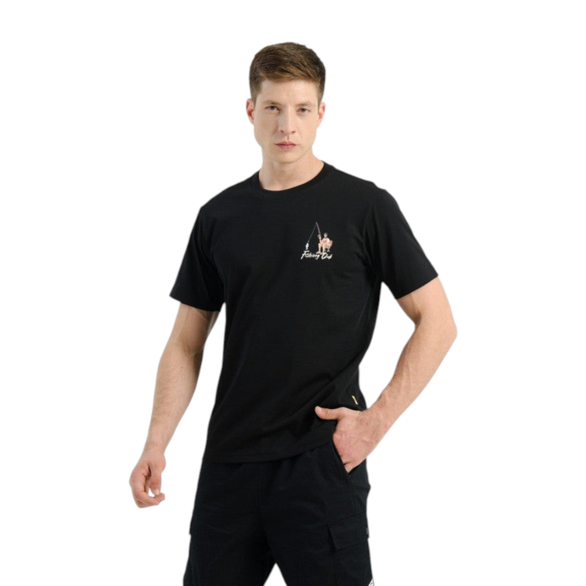 FRG ANTA FISHING CLUB black short-sleeve graphic t-shirt worn by a man, featuring a small chest print design.