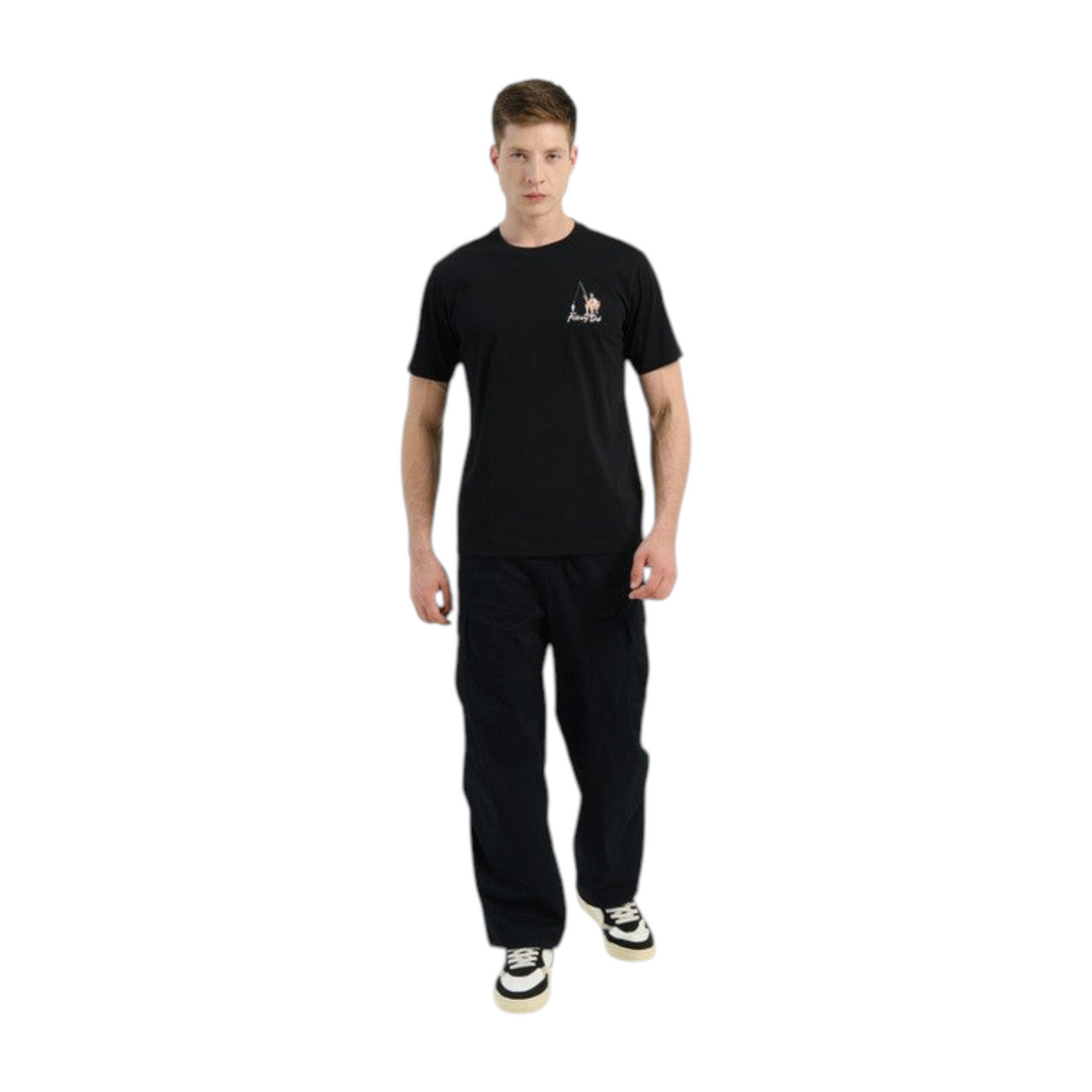 FRG ANTA FISHING CLUB black short-sleeve graphic t-shirt worn by a man with dark cargo pants and sneakers