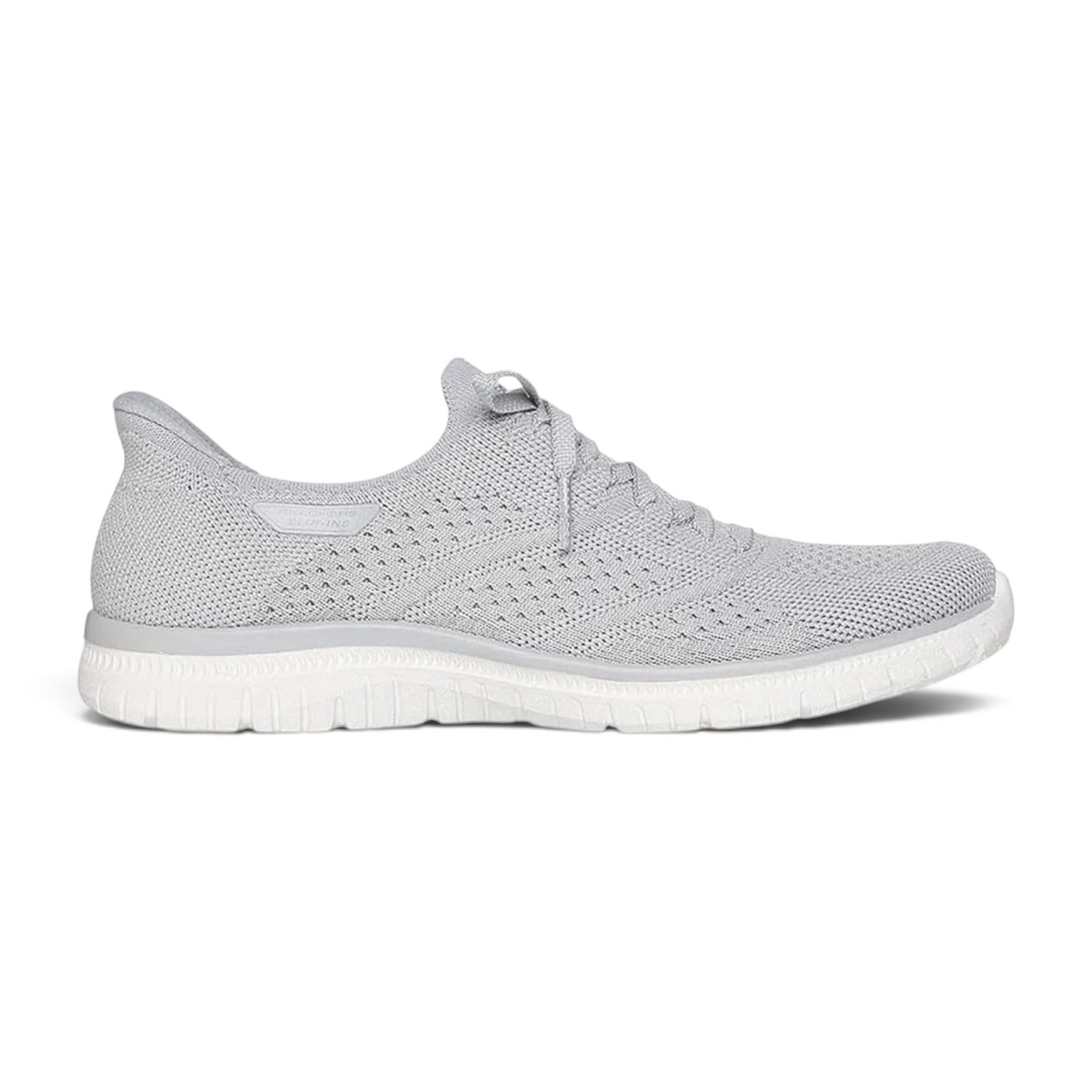 FRG Skechers Virtue Flawless gray slip-on sneakers with a flexible knit upper and white cushioned sole
