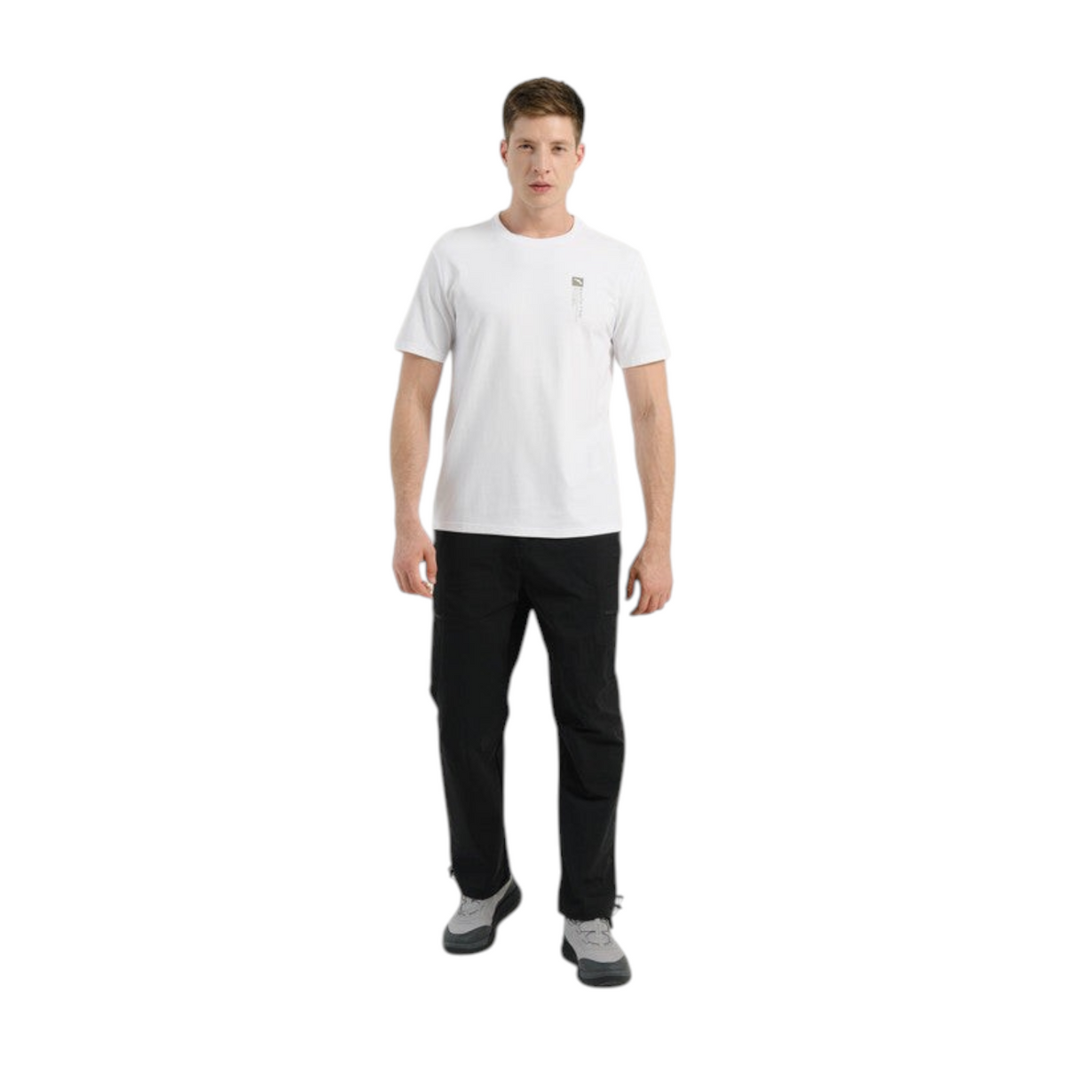 FRG ANTA TRN white short-sleeve training t-shirt worn by a male model with black trousers and grey sneakers