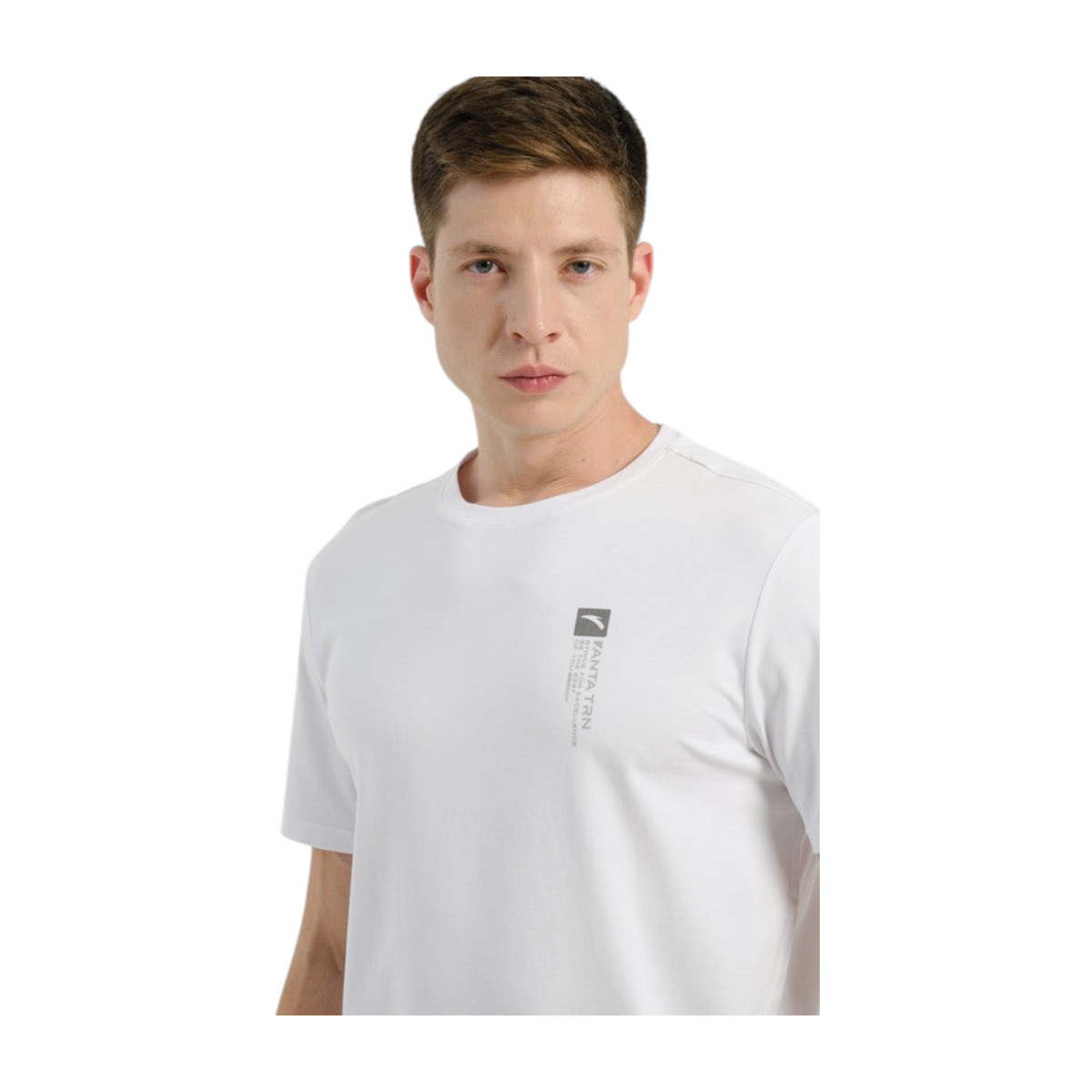 FRG ANTA TRN white breathable short-sleeve training t-shirt worn by a man, featuring a vertical chest logo print.