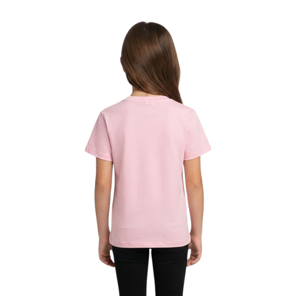 FRG ANTA big kids short sleeve crew neck t-shirt in pure pink cotton worn by a girl, back view