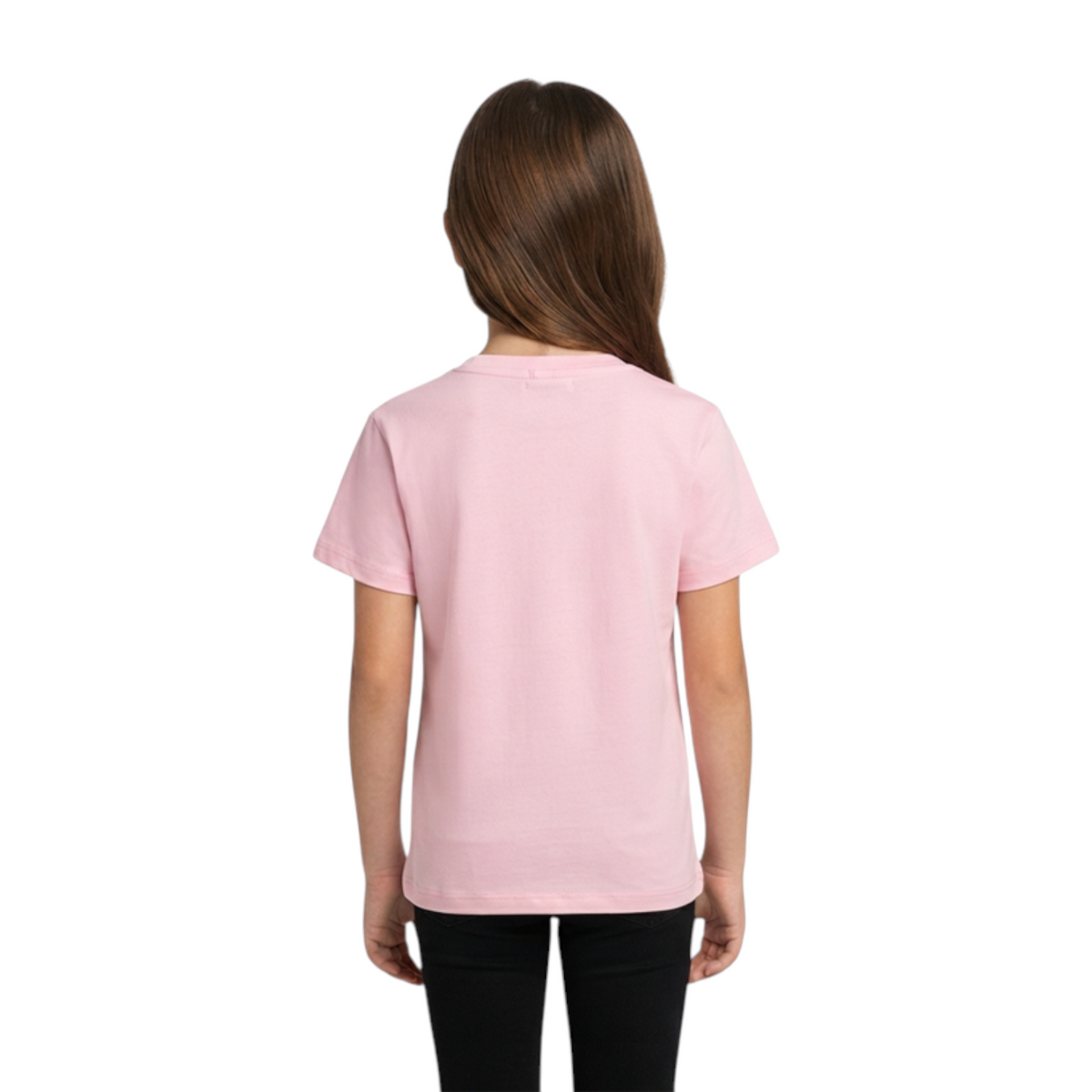 FRG ANTA big kids short sleeve crew neck t-shirt in pure pink cotton worn by a girl, back view