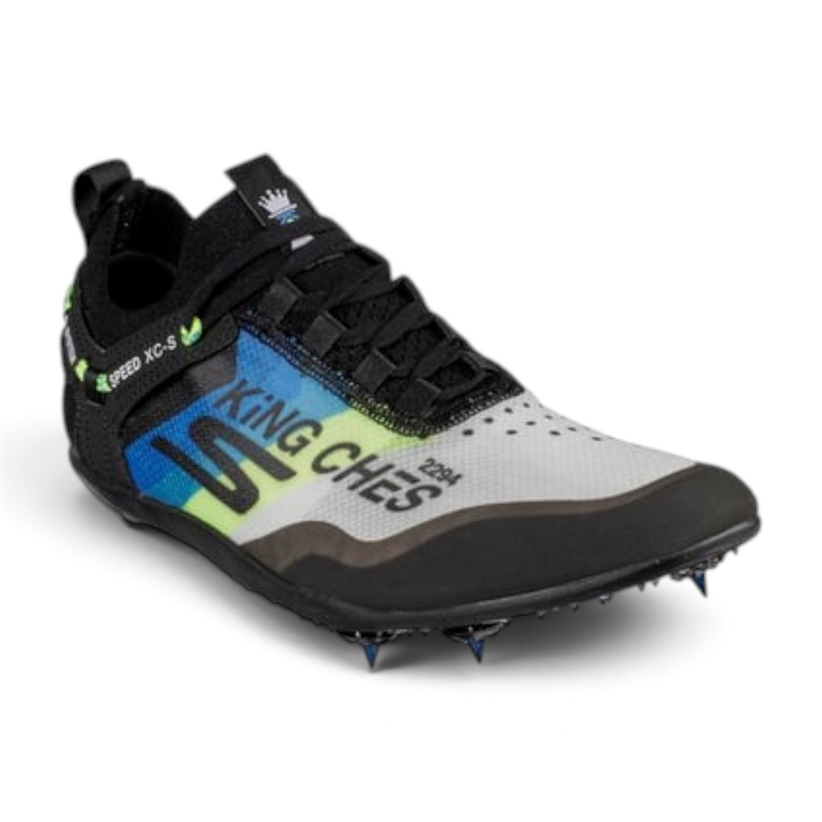 FRG SPEED XC-S racing flat with white and blue translucent TPU mesh upper, black trim, and forefoot metal spikes.