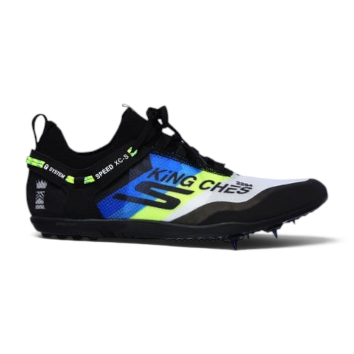 FRG SPEED XC-S racing flat with black, blue, and white mesh upper, featuring aluminum spikes for cross-country