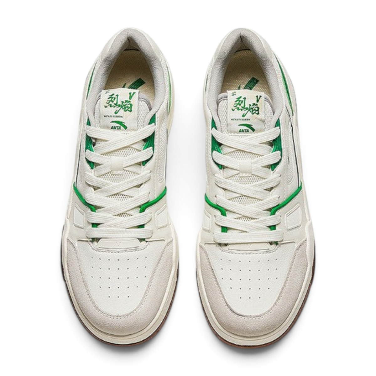 FRG Anta X-Game Flame 5.0 retro sneakers in beige and green with breathable mesh and suede details, top view.