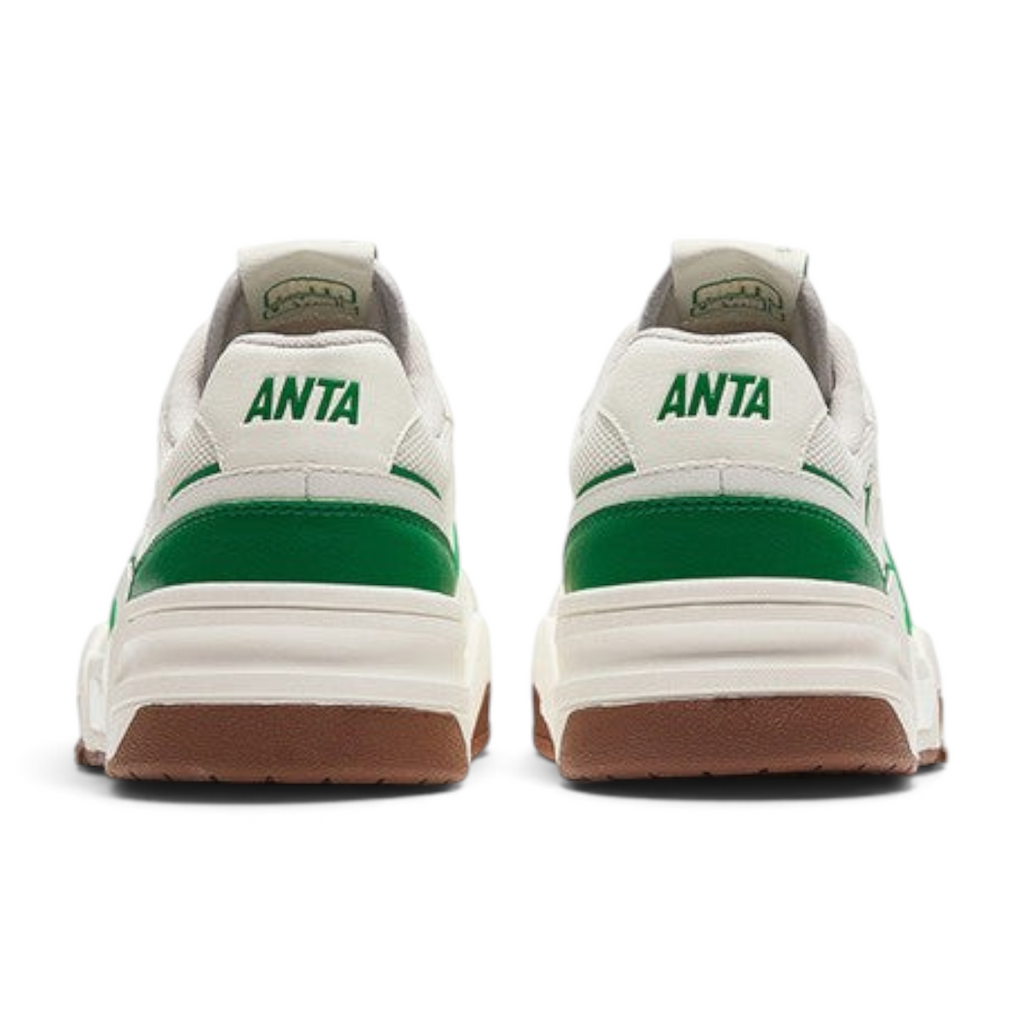 FRG Anta X-Game Flame 5.0 retro sneakers in beige and green with a gum rubber sole, rear view