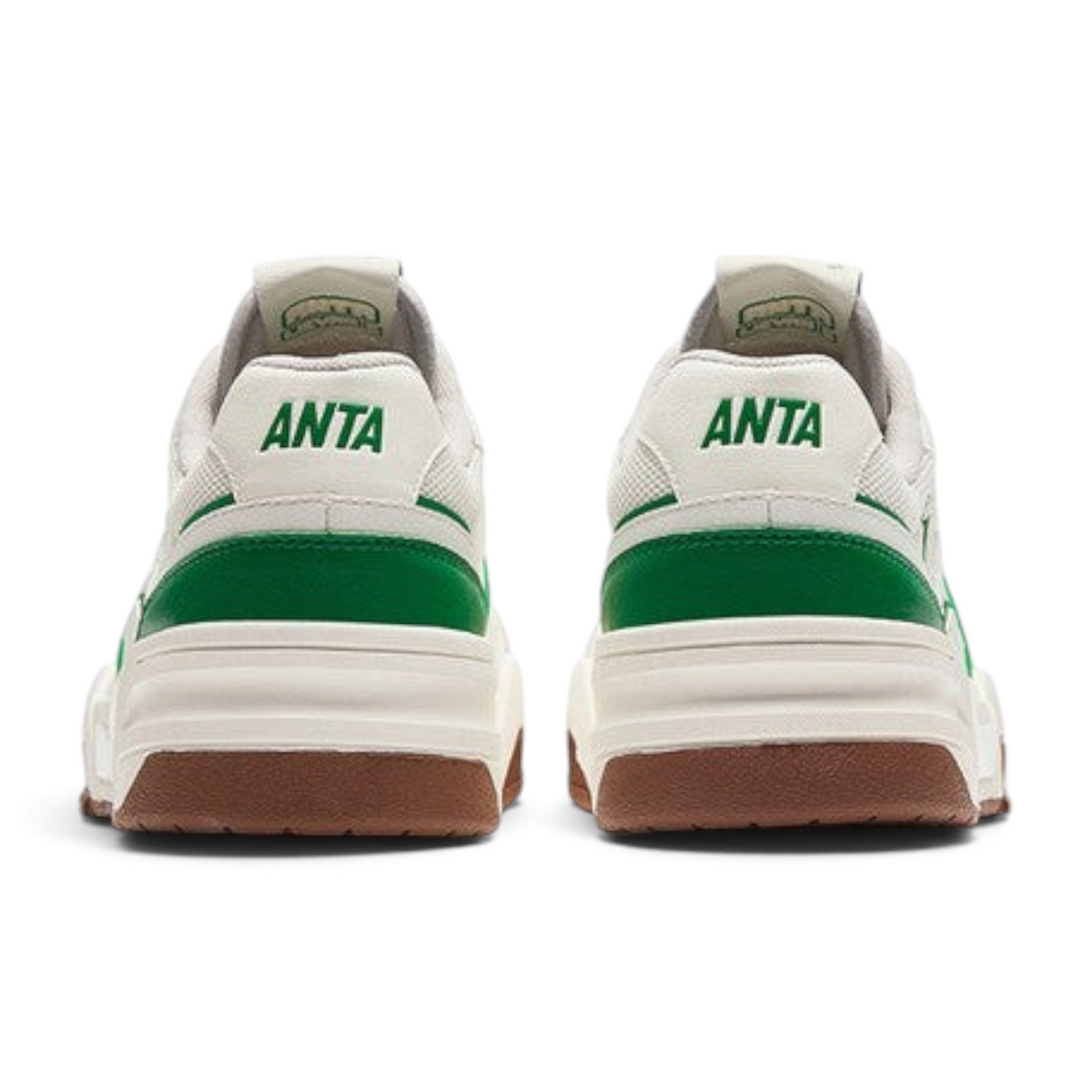 FRG Anta X-Game Flame 5.0 retro sneakers in beige and green with a gum rubber sole, rear view