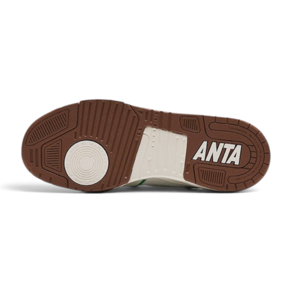 FRG Anta X-Game Flame 5.0 sneaker showing the brown rubber outsole with textured grip and white Anta branding