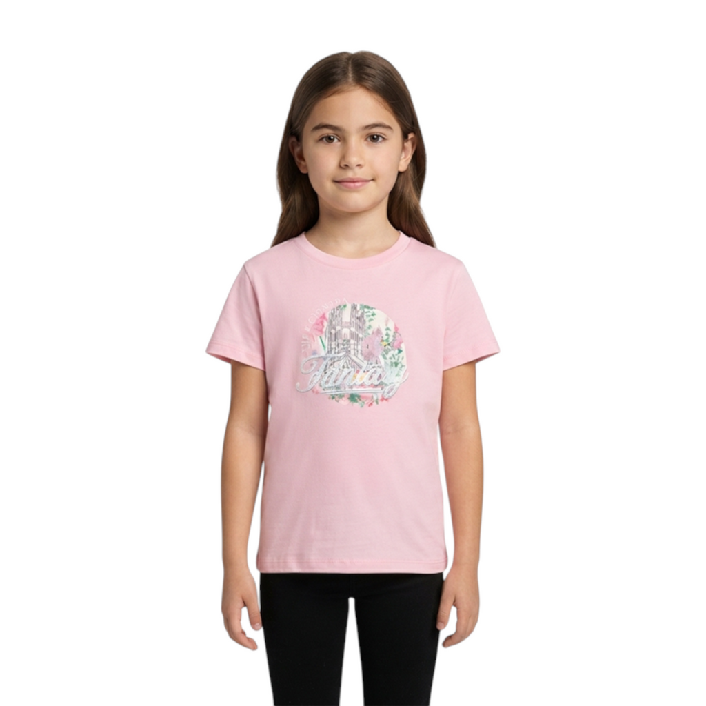 FRG ANTA big kids pink cotton short sleeve t-shirt with floral graphic print worn by a young girl