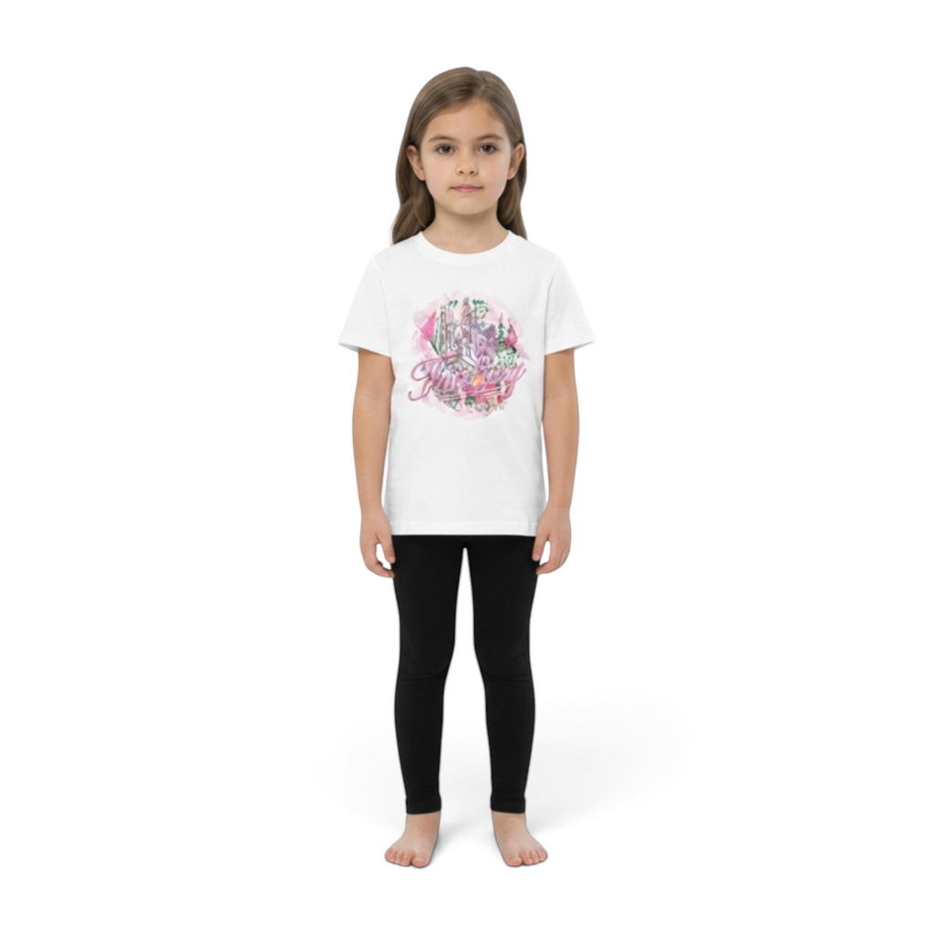 FRG white short sleeve cotton t-shirt with a pink floral graphic print worn by a young girl with black leggings
