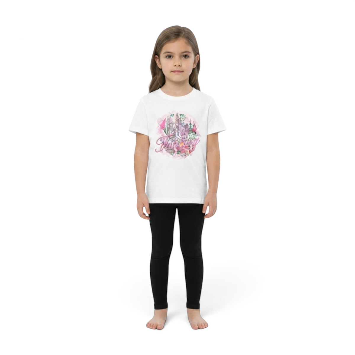 FRG white short sleeve cotton t-shirt with a pink floral graphic print worn by a young girl with black leggings