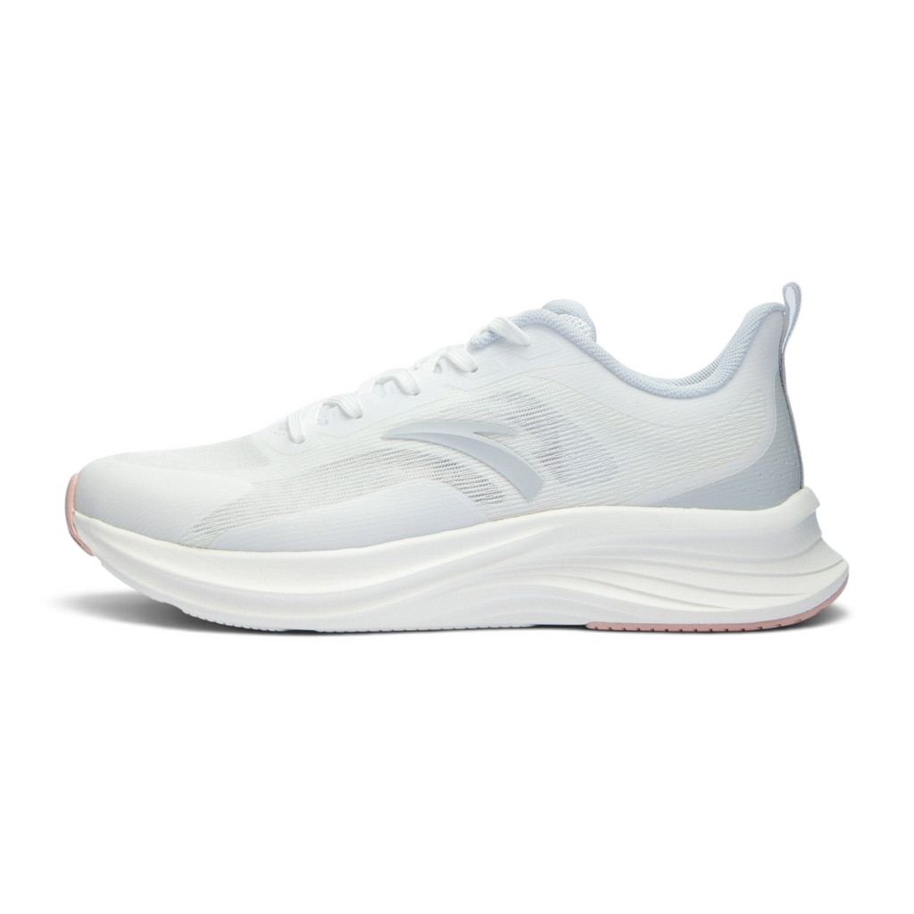 FRG white lightweight running shoes with mesh upper and cushioned sole, side view