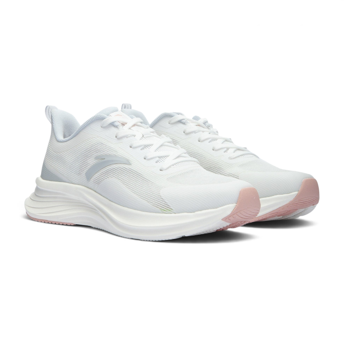 FRG white running shoes with breathable mesh upper, cushioned white midsole, and pink rubber outsole detail.