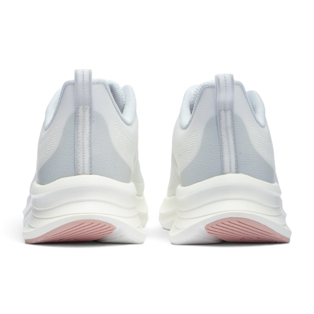 FRG running shoes in white and light grey with a thick cushioned sole and pink rubber tread, rear view.