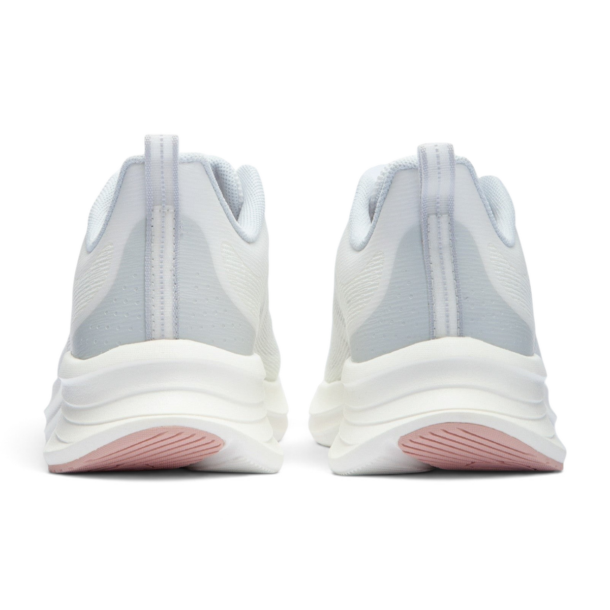 FRG running shoes in white and light grey with a thick cushioned sole and pink rubber tread, rear view.