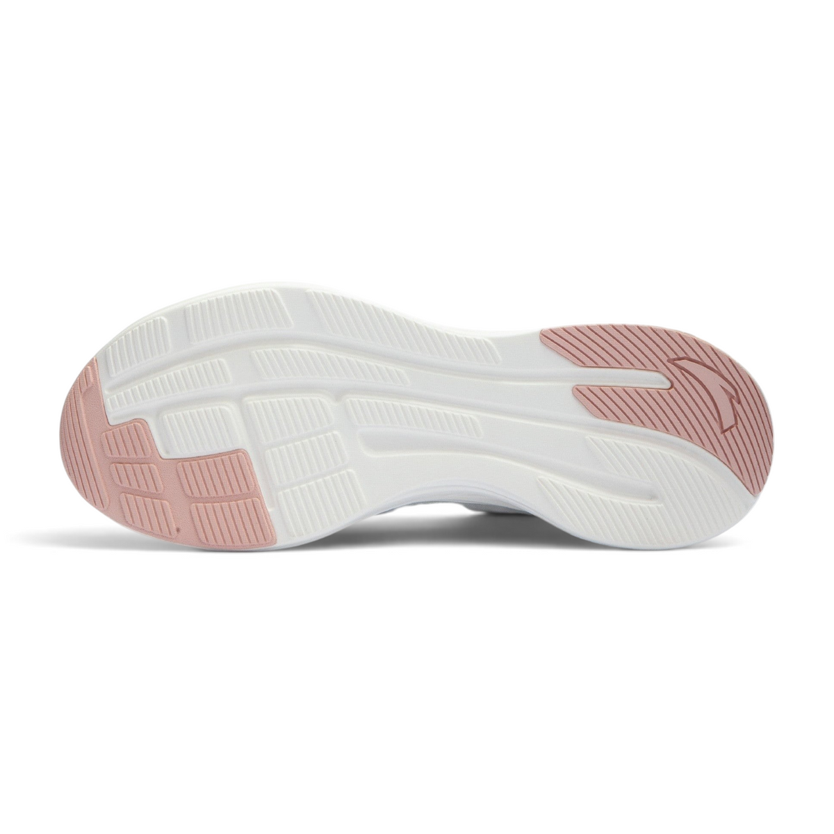 FRG running shoe outsole with white foam and pink rubber traction pads on a white background
