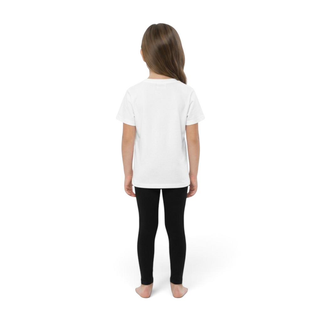 FRG ANTA big kids short sleeve crew neck t-shirt in pure white worn by a child from the back view