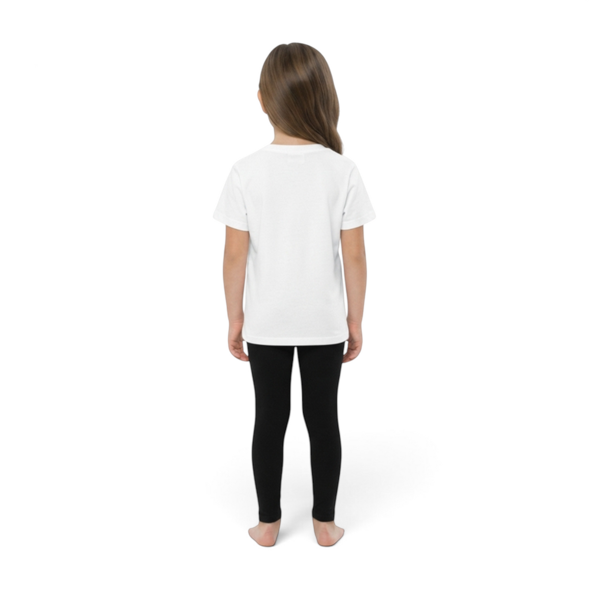 FRG ANTA big kids short sleeve crew neck t-shirt in pure white worn by a child from the back view
