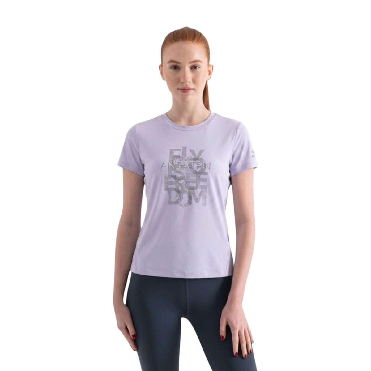 FRG women's lilac technical training t-shirt with Future is Freedom graphic worn by a model against a white background