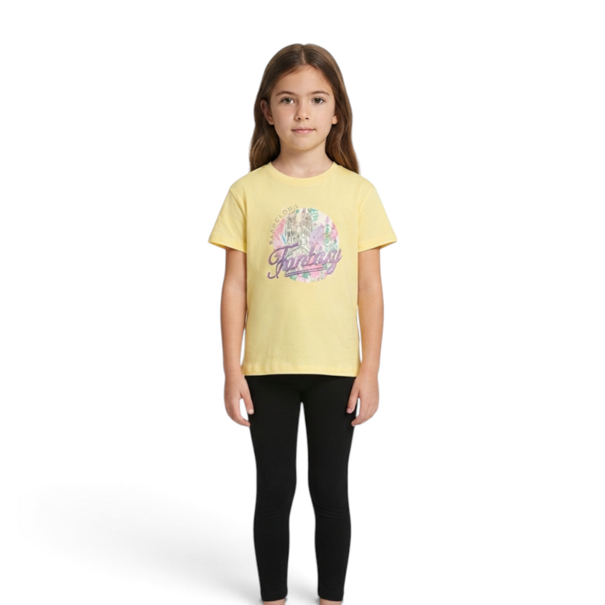 FRG ANTA big kids pale yellow cotton short sleeve t-shirt with floral graphic print worn by a young girl