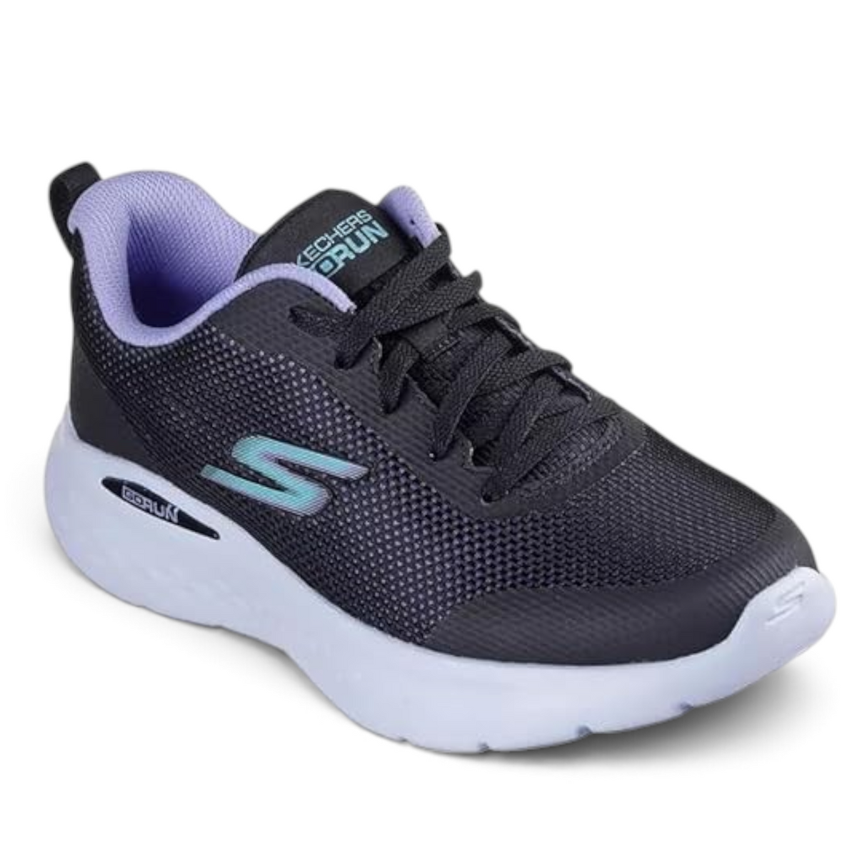 FRG Skechers Go Run Lite running sneaker in black mesh with lavender lining and teal logo accents.