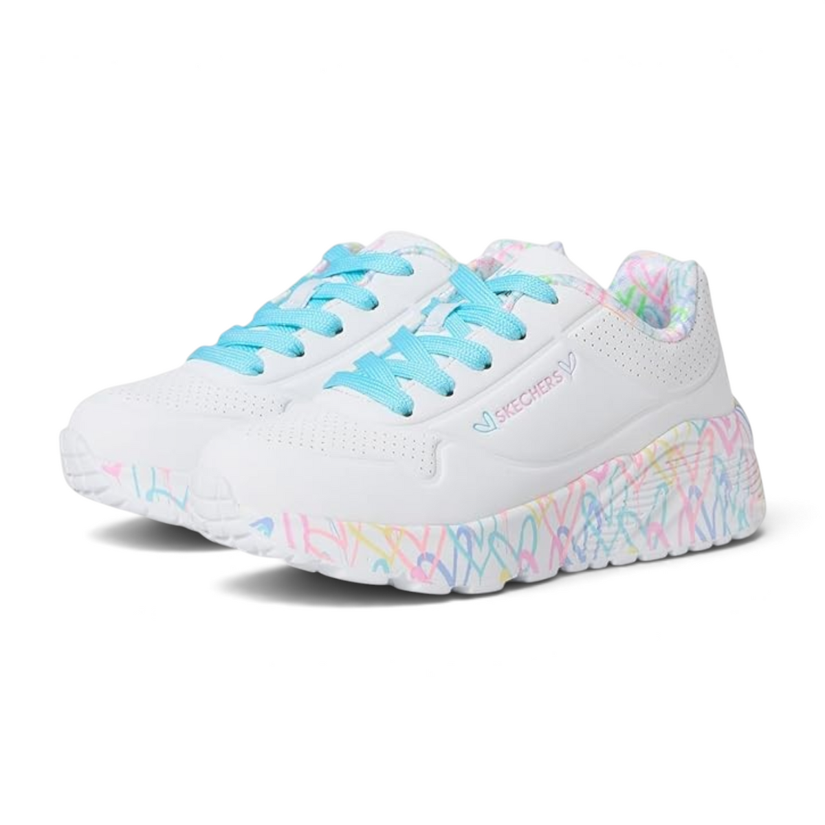 FRG Skechers x JGoldcrown Uno Lite sneaker in white with turquoise laces and colorful heart print midsole