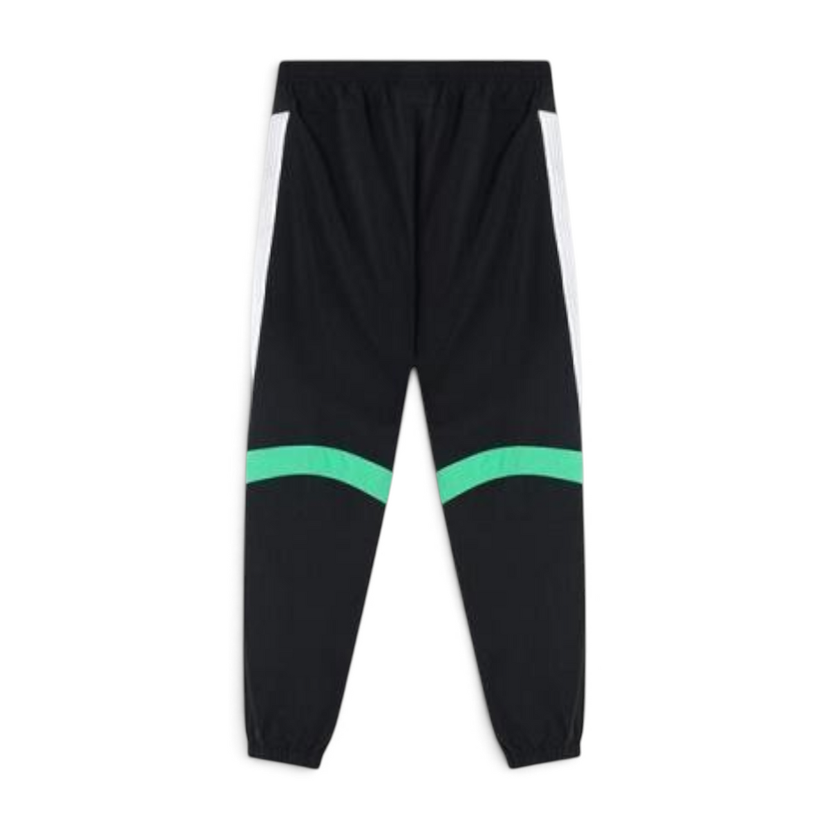 FRG ANTA black woven track pants with white side stripes and green knee panels for running and active wear