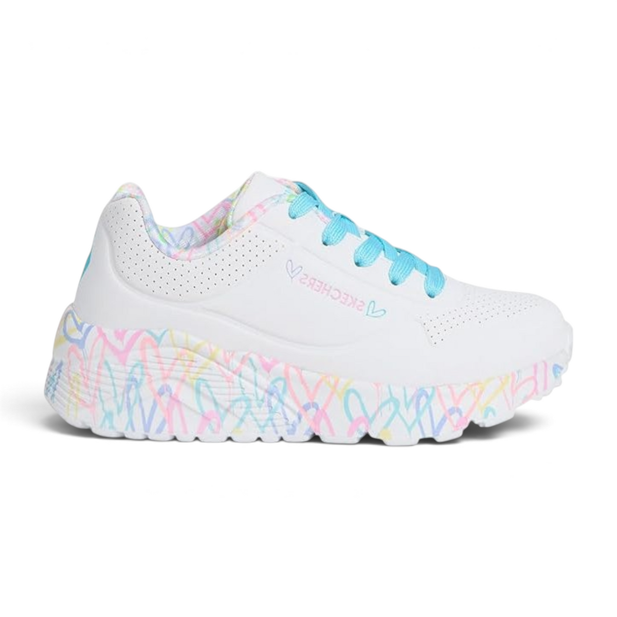 FRG Skechers x JGoldcrown Uno Lite white sneaker with colorful heart print on sole and turquoise laces