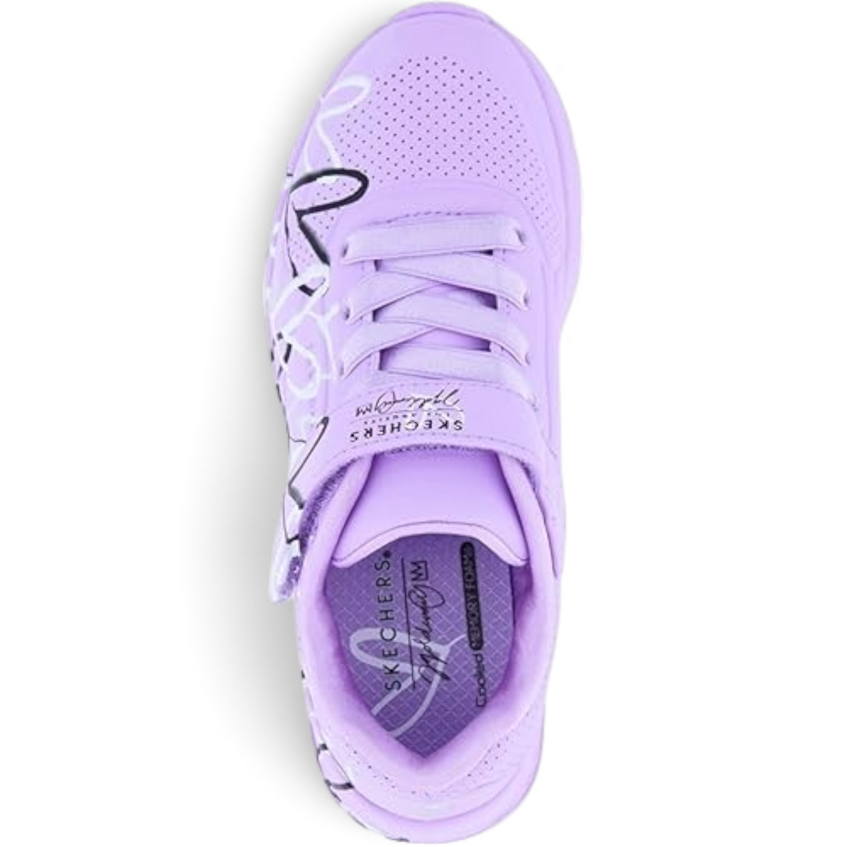 FRG Skechers x JGoldcrown kids' lavender wedge sneaker with signature drip-heart graffiti print and lace-up closure