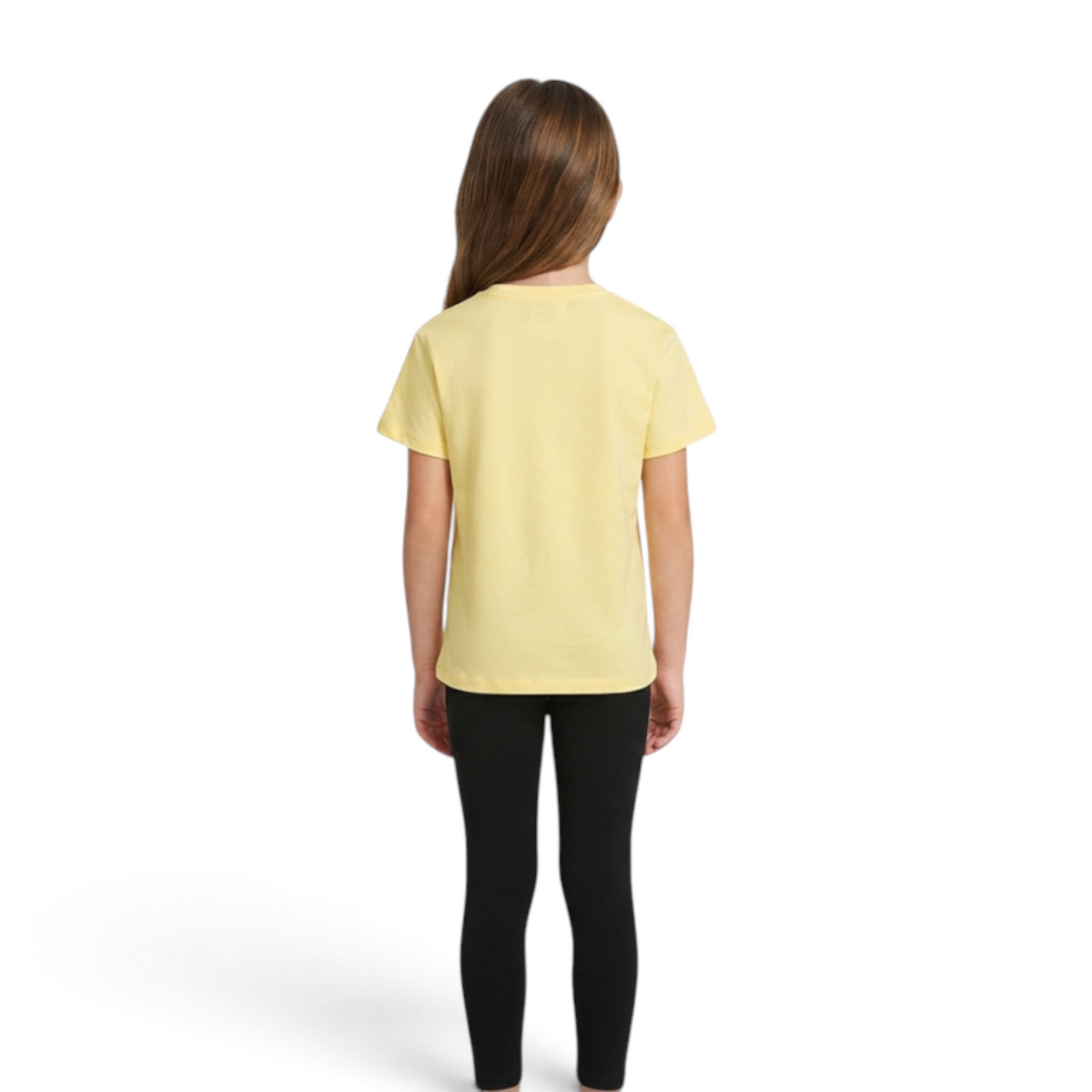 FRG ANTA big kids pale yellow short sleeve cotton t-shirt worn by a girl, back view