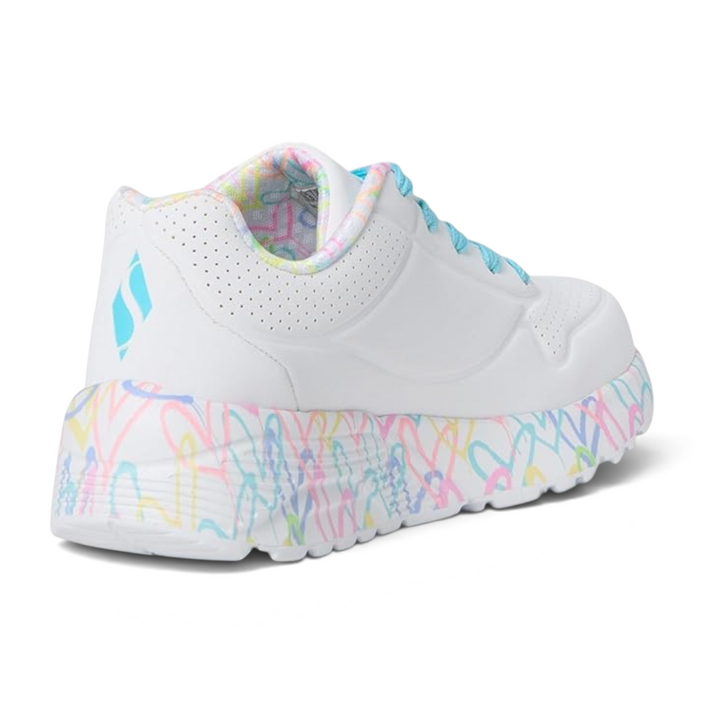 FRG Skechers x JGoldcrown Uno Lite sneaker in white with colorful heart print midsole and turquoise laces
