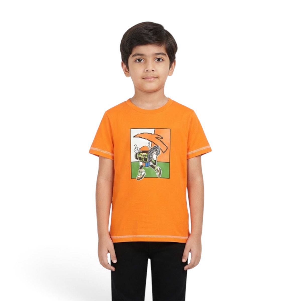 FRG ANTA little kids short sleeve crew neck t-shirt in flash orange with a graphic print, worn by a young boy.