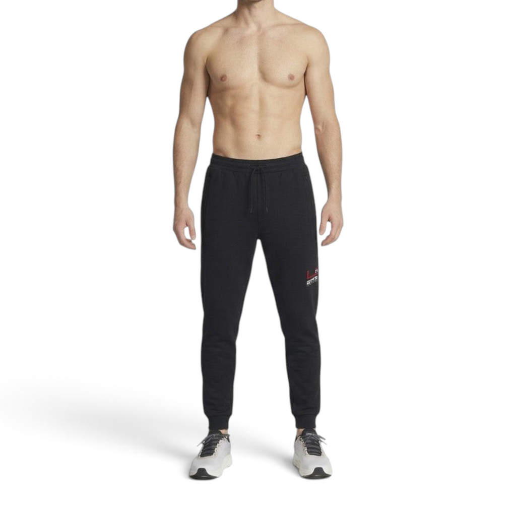FRG ANTA Kids black knit ankle pants with drawstring waist and athletic fit worn by a model