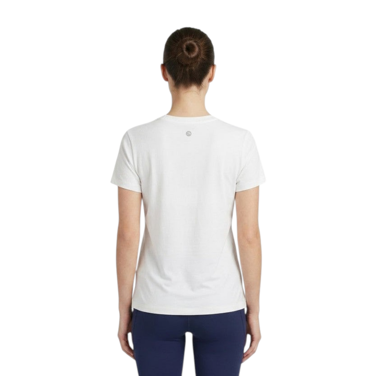 FRG women's white short-sleeve ANTA T-shirt with a small logo on the back, viewed from behind.