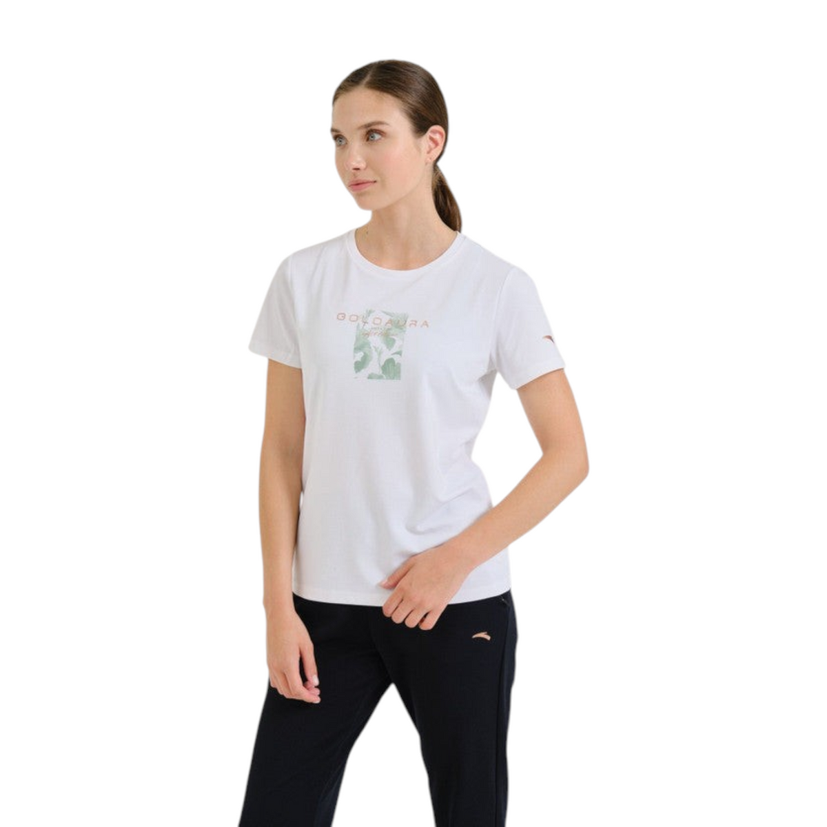 FRG ANTA white short sleeve cross training t-shirt with graphic print worn by a woman against a plain background