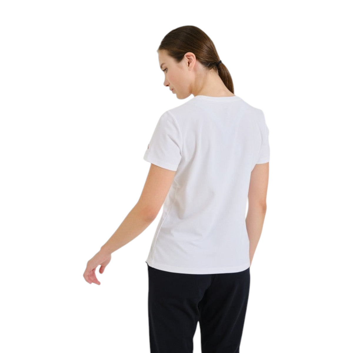 FRG ANTA white short sleeve cross training t-shirt worn by a woman, back view showing breathable athletic fabric
