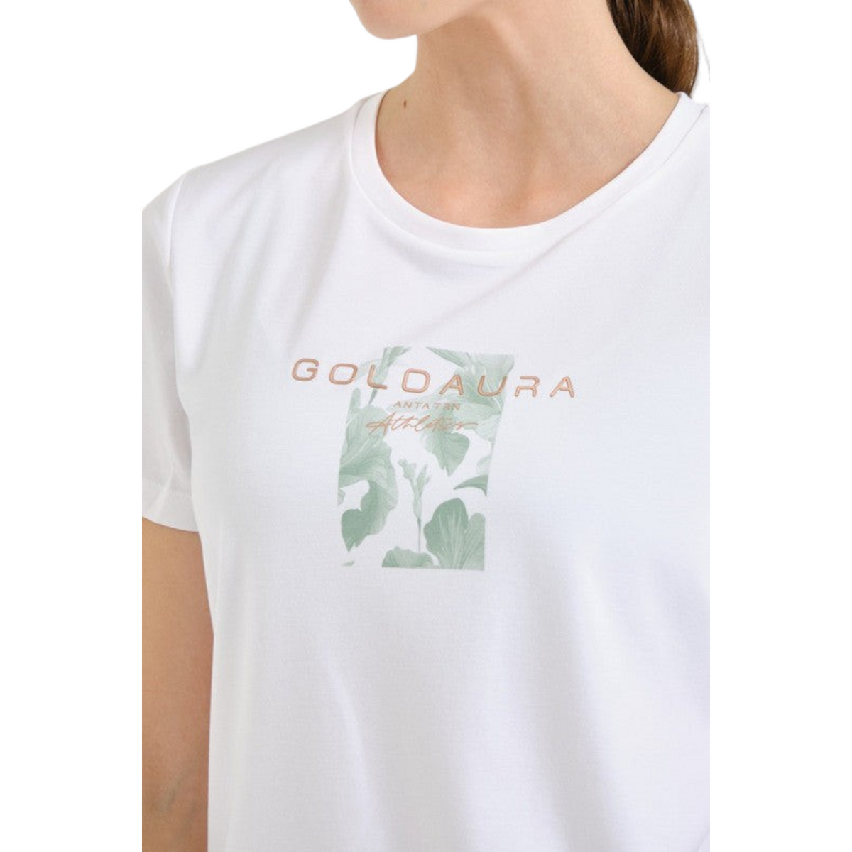 FRG ANTA white short sleeve cross training t-shirt with floral graphic print and gold lettering on the chest