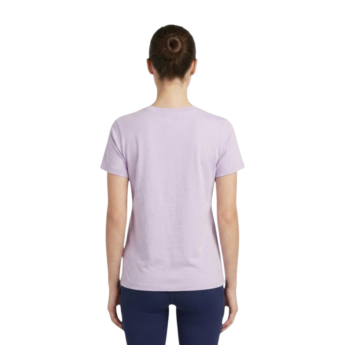 Back view of a woman wearing a lilac FRG technical training t-shirt with a plain design.