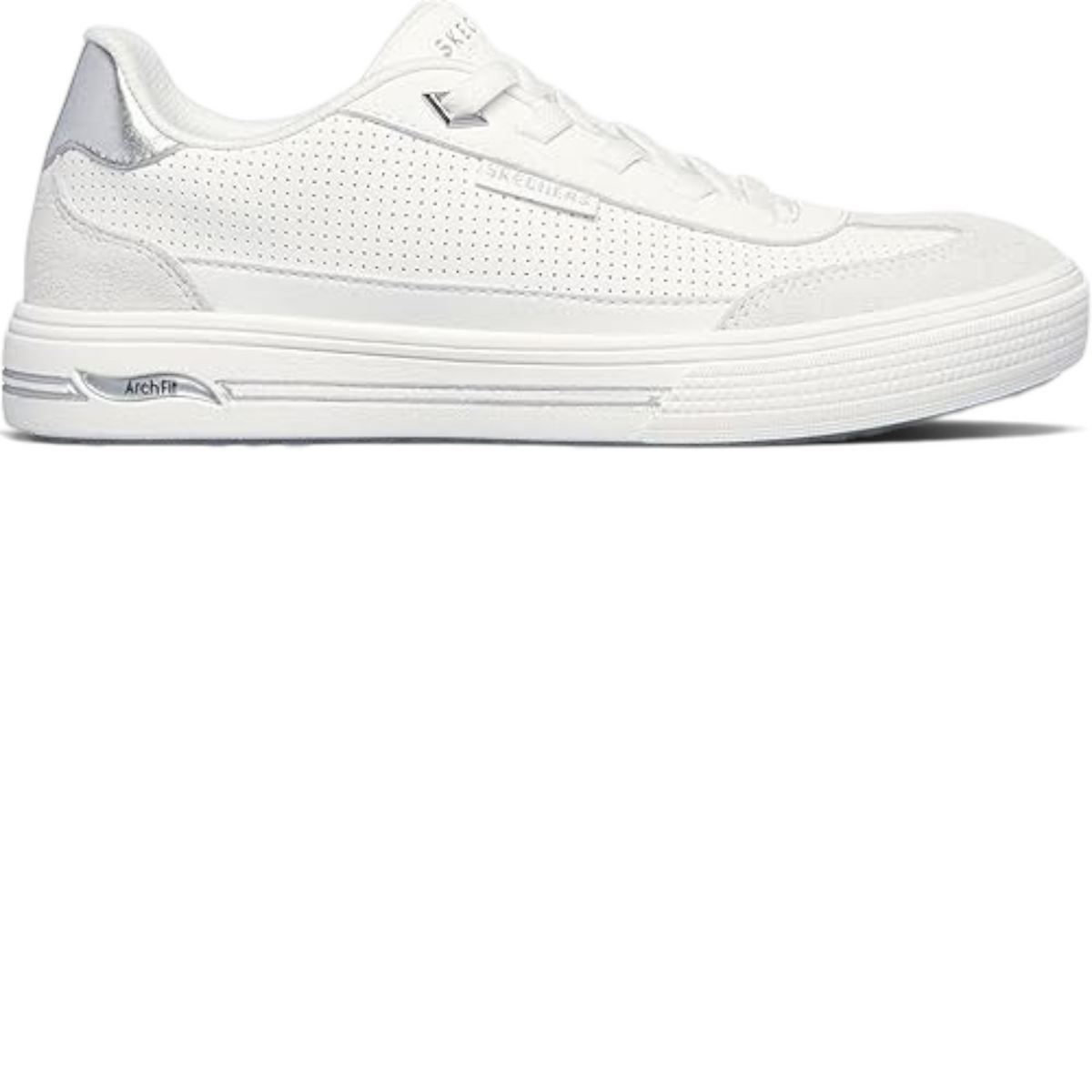 FRG Skechers Arch Fit Arcade Diamond Daze white slip-on sneakers with perforated leather and silver heel detail