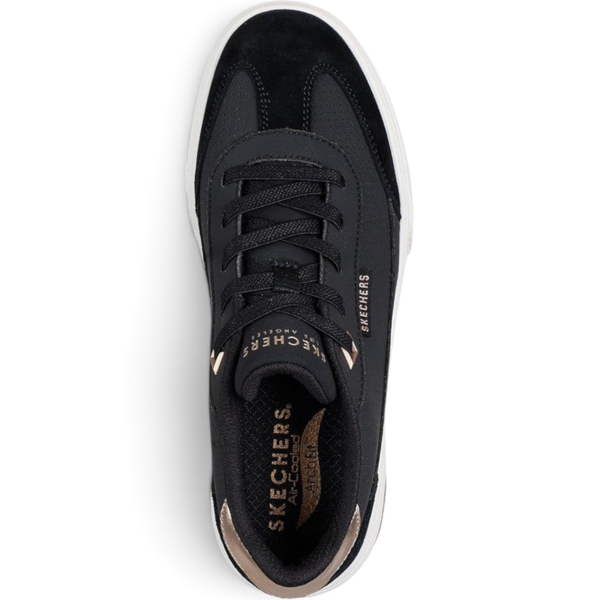 FRG Skechers Arch Fit Arcade Diamond Daze black slip-on sneakers with rose gold accents and cushioned insoles