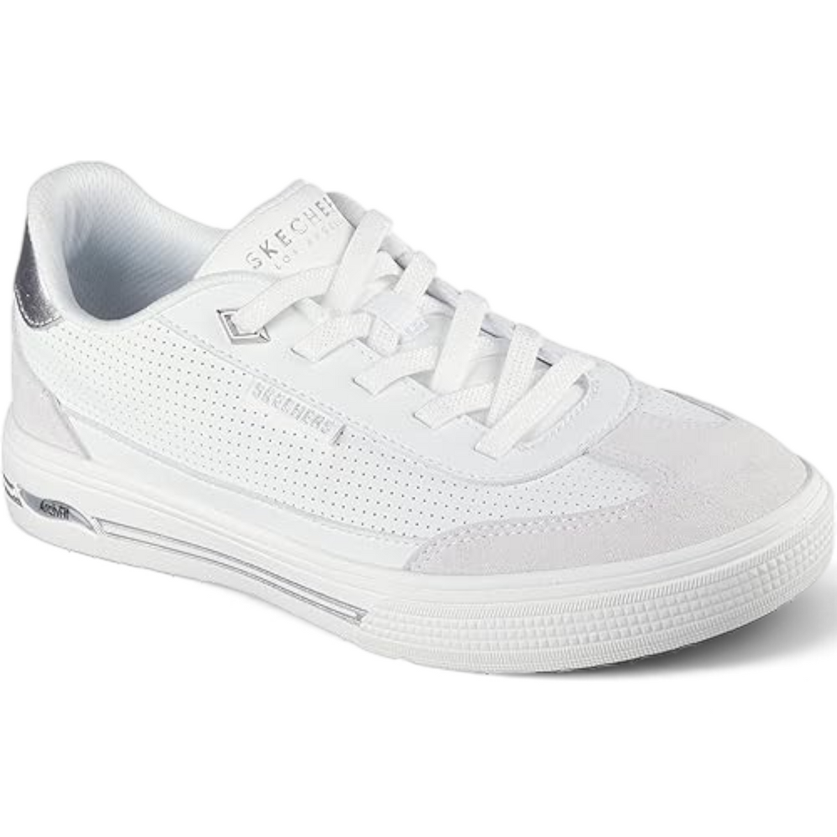 FRG Skechers Arch Fit Arcade Diamond Daze white slip-on sneakers with perforated leather and metallic heel detail