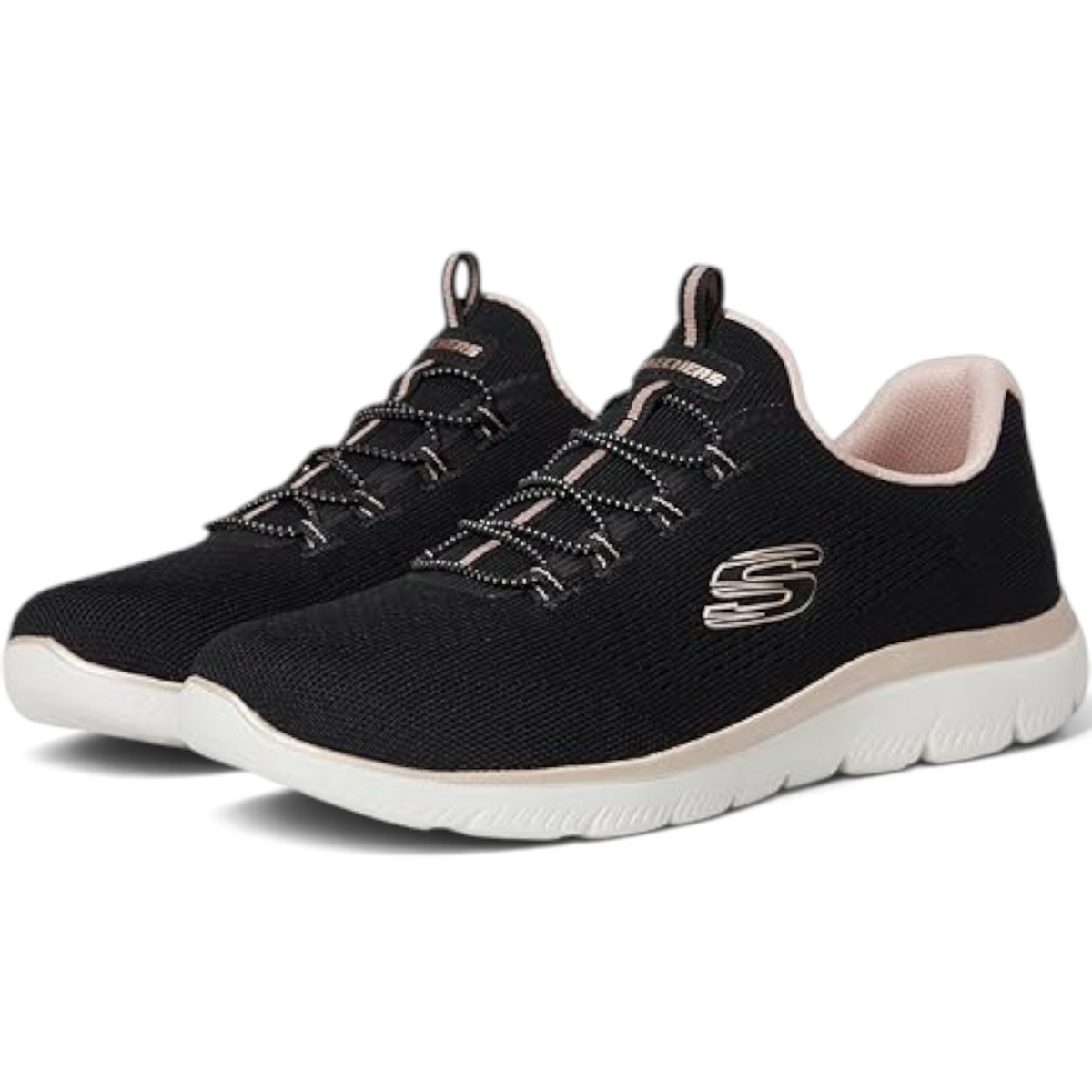 FRG Skechers Arch Fit Arcade Diamond Daze black slip-on sneakers with white cushioned soles and rose gold accents.