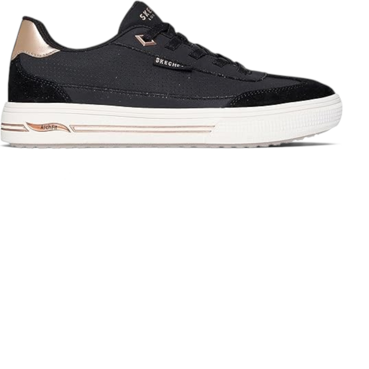FRG Skechers Arch Fit Arcade Diamond Daze black slip-on sneakers with rose gold accents and white platform sole