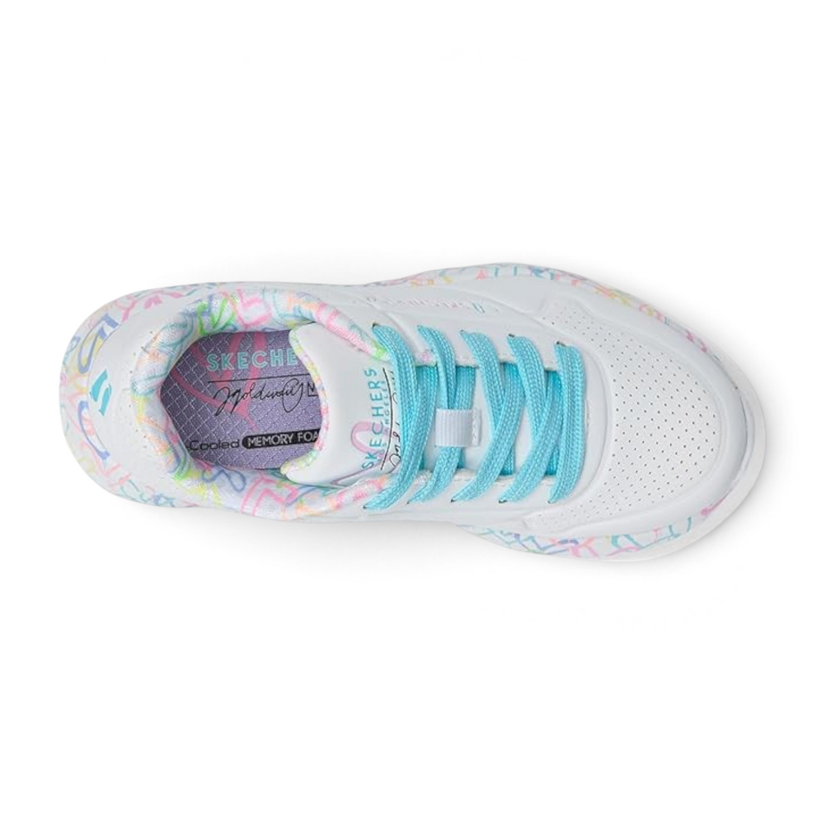 FRG Skechers x JGoldcrown Uno Lite sneaker in white with colorful heart print, turquoise laces, and memory foam