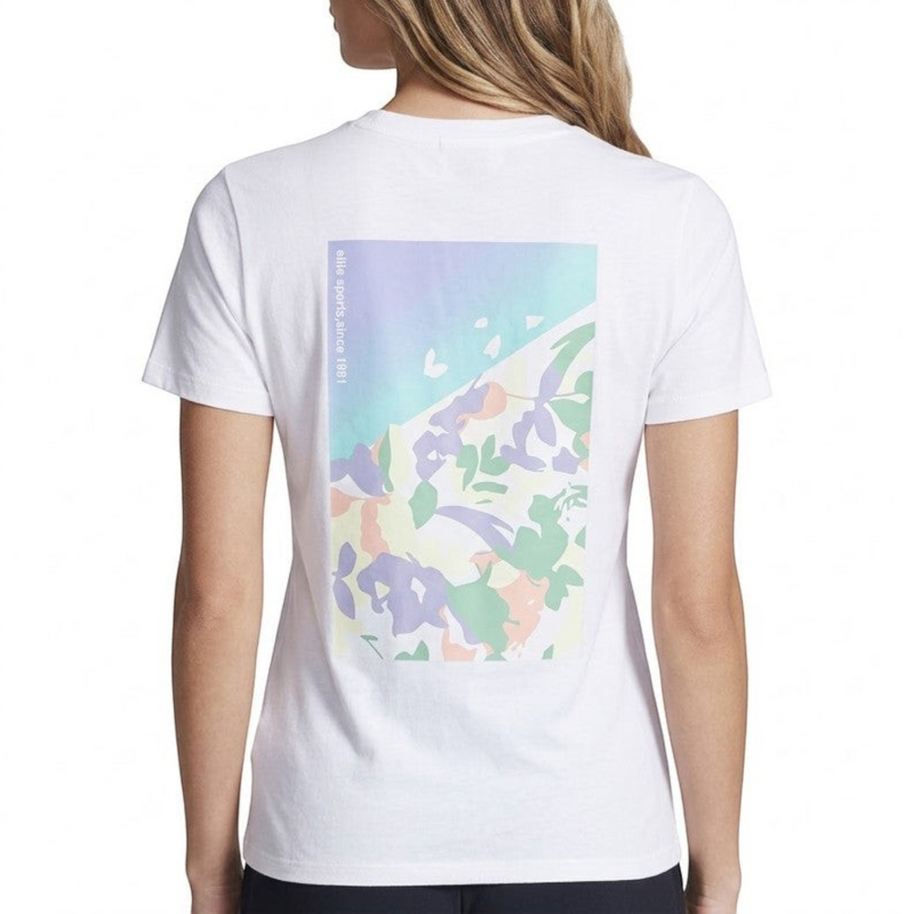 FRG ANTA snow white cotton short sleeve t-shirt with a pastel floral graphic print on the back