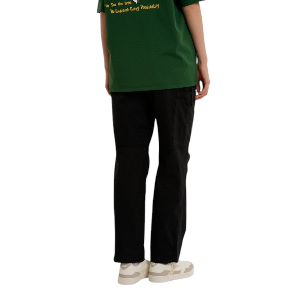FRG ANTA SKATE woven casual pants in black, featuring a durable street-ready design worn with a green t-shirt