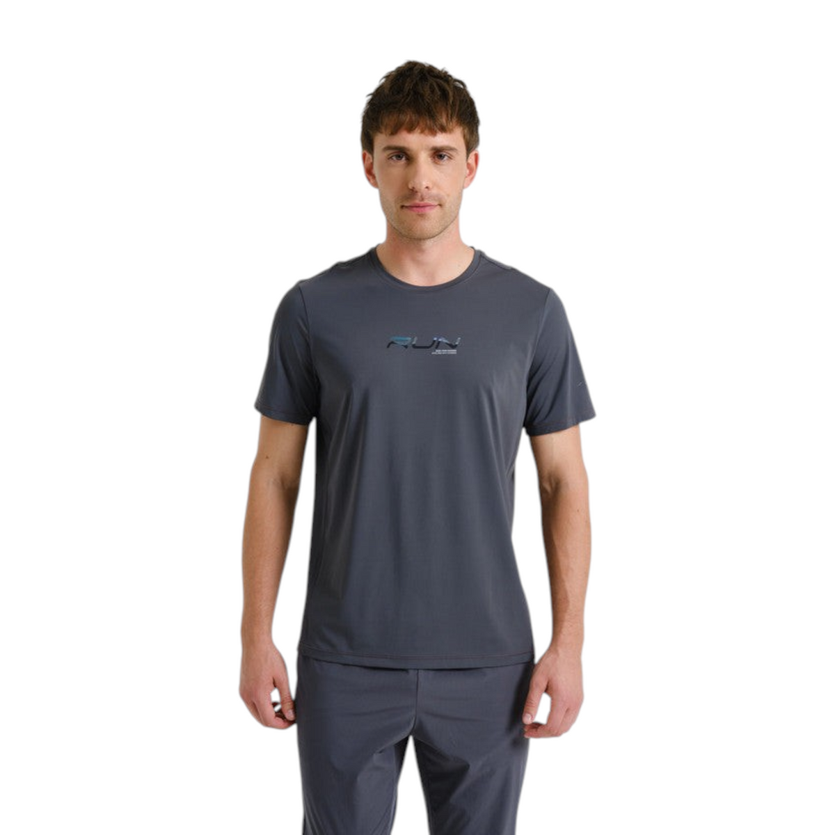 FRG ANTA grey short sleeve running t-shirt with moisture-wicking fabric worn by a male model