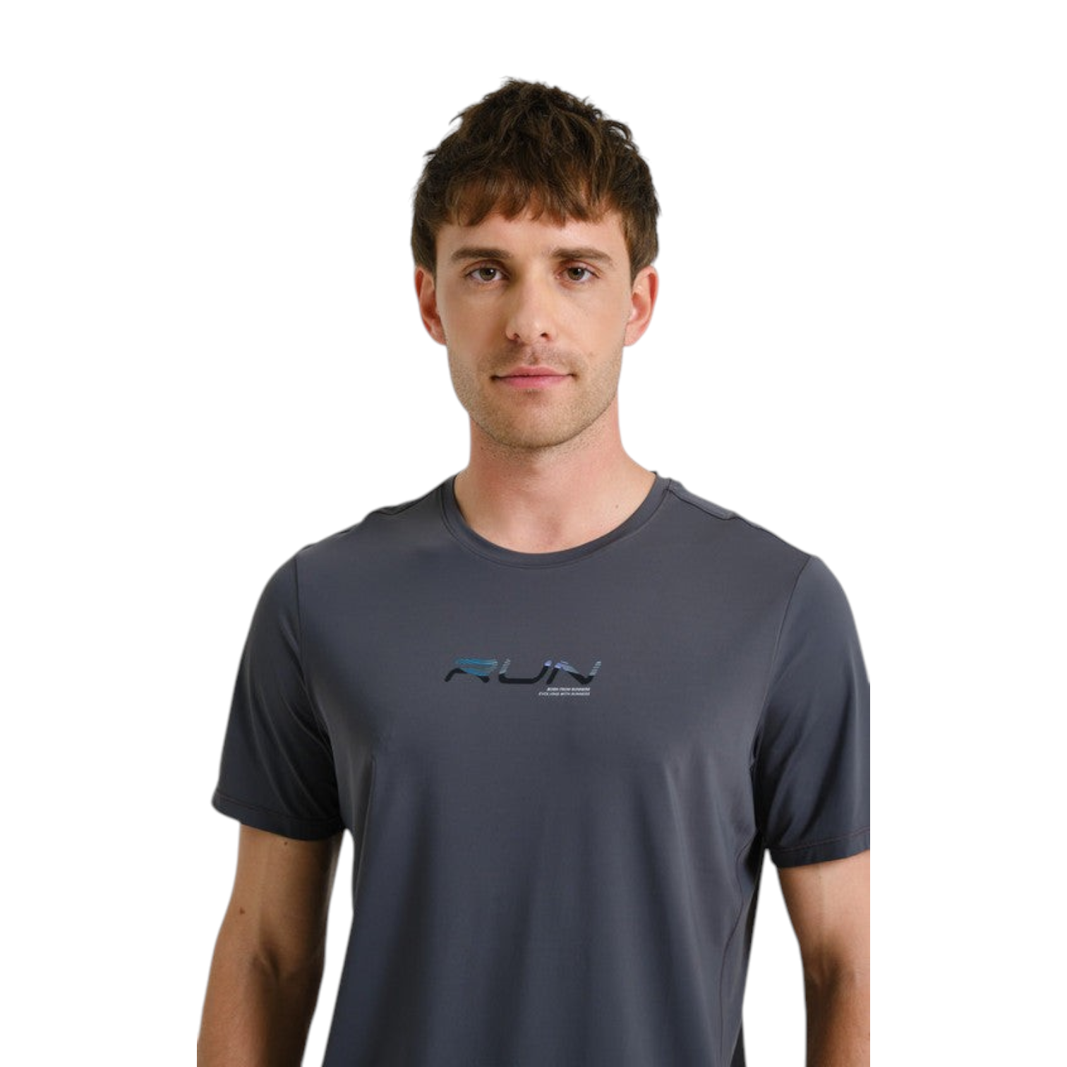 FRG ANTA grey short sleeve running t-shirt with moisture-wicking fabric worn by a male model