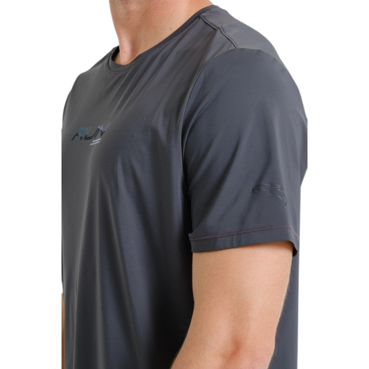 FRG ANTA grey short sleeve running t-shirt in moisture-wicking polyamide blend fabric with a close-up view